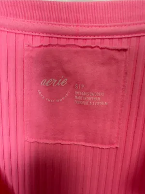 aerie Ribbed Neon Pink Notch V-Neck Long Sleeve Top thumbnail 3