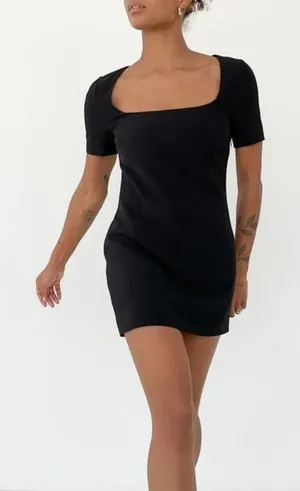 NWT Rumored Mod Mini Dress Black Squared Neck LBD Short Sleeve Party Cocktail XS thumbnail 1