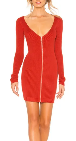 FOR LOVE‎ & LEMONS Annie Ribbed Knit Zippered Mini Dress Red X-Small thumbnail 1