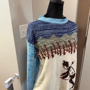 Vintage Knit Ski Sweater Mock Neck Blue White Alps Skiing Winter Art to Wear M thumbnail 3