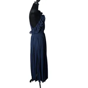 Lulus Navy Blue Ruffle Chiffon Midi Maxi‎ Dress Flowy One Shoulder Formal Size M thumbnail 3