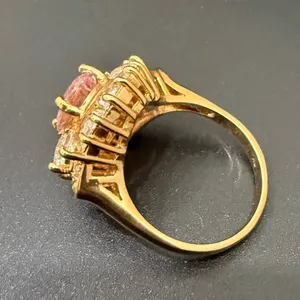 Vintage 925 Gold Over Sterling Pink Oval CZ Flower Cocktail Ring Size 8.5 7g. thumbnail 4