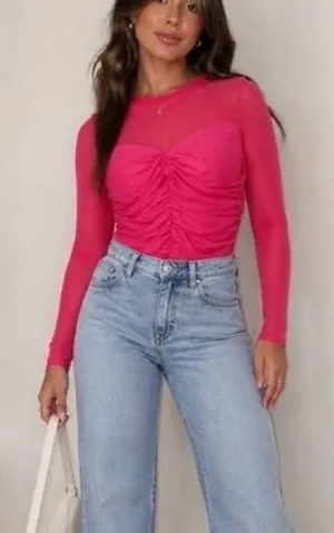 Halara Hot Pink Mesh Long‎ Sleeve Bodysuit Size M NWT thumbnail 1