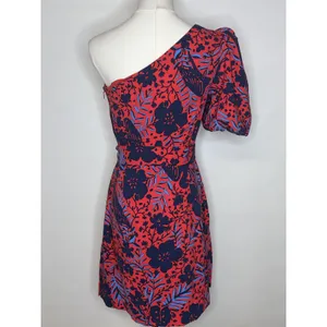 Lilly Pulitzer Red Blue Floral One Shoulder Puff Sleeve Dress Cocktail Size 4 thumbnail 4