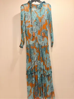 Anthropologie The Marais Printed Tiered Teal Floral Maxi Dress Boho Floral XS thumbnail 2