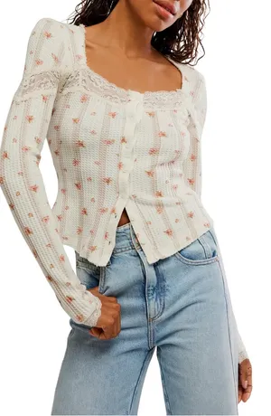 Free People Lets Party Cardi Floral lace trim cotton Waffle Knit Square Neck Long Sleeve Button Front Top thumbnail 1