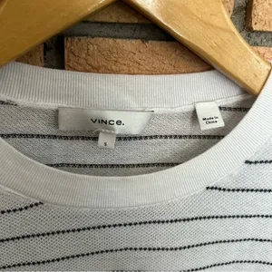 VINCE Cotton Lightweight Mesh White Black Stripe Crewneck Long Sleeve Sweater S thumbnail 3