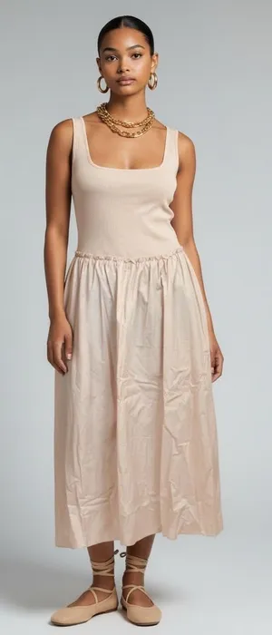 Tan Square neck sleeveless stretch knit bodice poplin skirt midi dress thumbnail 1
