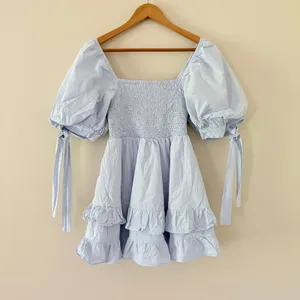 Showpo Chelle Shirred Mini Dress Tie Sleeve 8 Ice Blue Smocked Ruffle Cotton thumbnail 2