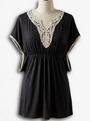Forever‎ Black Crochet Lace V-Neck Empire Waist Boho Mini Dress Tunic Women thumbnail 1