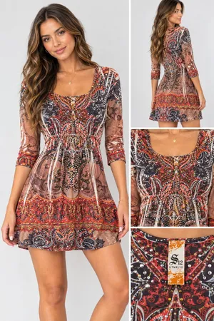 Paisley Rhinestone Embellished Boho Mini Dress Long Sleeve S thumbnail 2