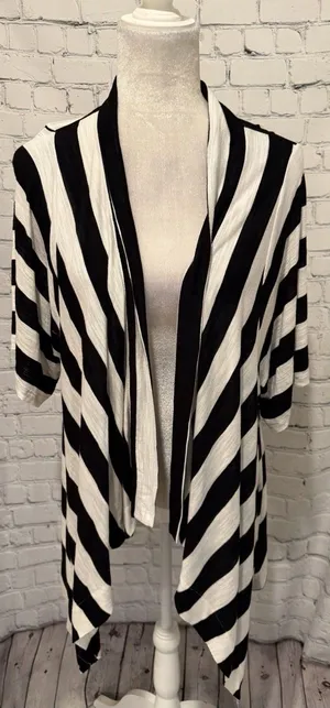 Chico’s Cardigan Lightweight Knit Black & white Stripe 3/4 Sleeve High low 3 XL thumbnail 1