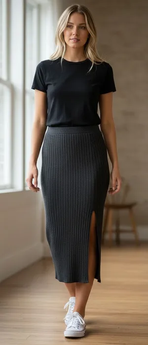 Abercrombie & Fitch Black Ribbed Knit Pull On Side Slit Midi Skirt Womens Size S thumbnail 1