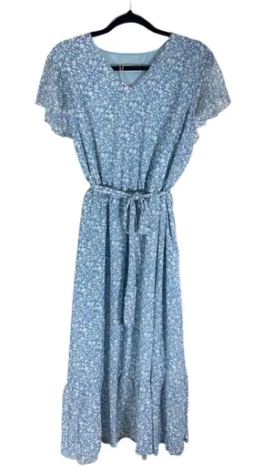 Manydress Blue Floral Midi Dress Flutter Sleeve Tie Waist Cottagecore Boho XL thumbnail 1