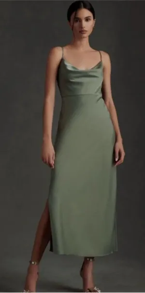BHLDN Anthropologie Cali Satin Cowl-Neck Midi Dress in Moss Green, Size 4 thumbnail 1