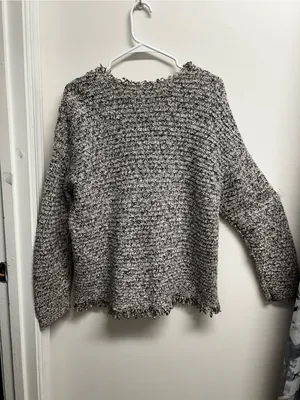 Cozy Textured Fringe Hem Women’s Sweater - Cream & Black thumbnail 4