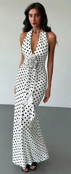 SHEIN Polka Dot Halter Maxi Dress with Rosette Accent - Size M (US 6) thumbnail 1