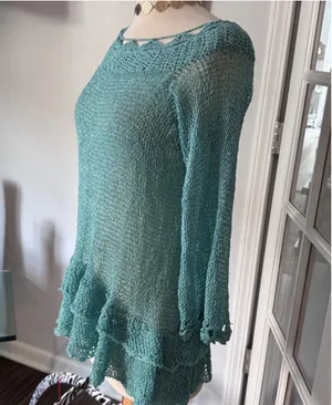 Teal Open Weave Ruffled Knit Tunic Sweater thumbnail 3