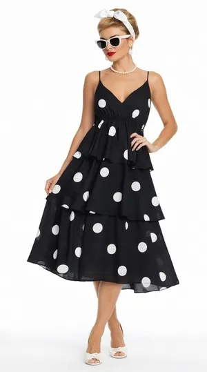 OPT Rockabilly Polka Dot Midi Dress Black White Tiered Ruffle 50s Retro Size XS thumbnail 1