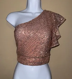 NBD NWT Revolve Rose Gold‎ Sequin One Shoulder Ruffle Crop Top S Glam Night-out thumbnail 1