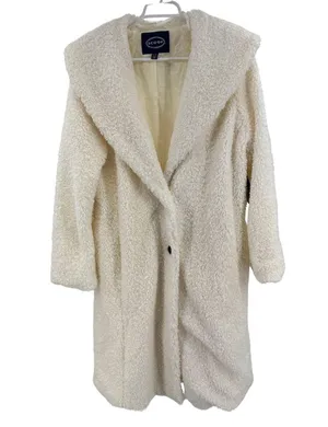 Scoop NYC Women's Cozy Cream Teddy coat Sherpa mid calf L new shawl collar thumbnail 1