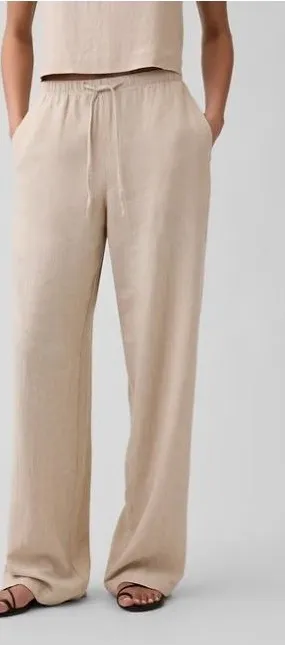Gap Women's Size 12 Wide Leg Pants Beige Tie Waist Pockets High Rise 100% Linen thumbnail 1