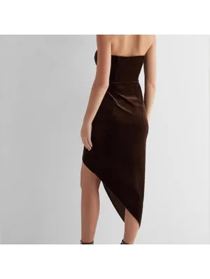 Express velvet strapless corset asymmetrical midi sheath dress in espresso color thumbnail 2