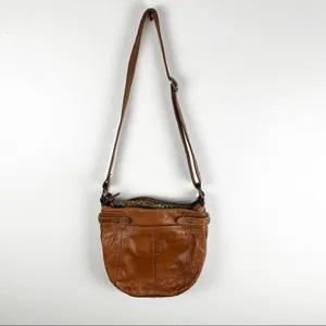 FOSSIL Brown Leather Stitched Adjustable Strap  Paisley Lined Shoulder Bag Boho thumbnail 2