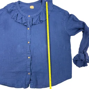 Free People Ruffled Neck Button‎ Front Cotton Shirt Blue Size L G thumbnail 8