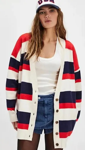 Free People Americana Combo League Of Her Own Striped Cardigan Sweater SZ S thumbnail 1