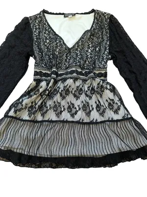 Vintage Black Lace Mesh Babydoll Top Sheer Sleeves Tie Back Y2K Goth Dark Fairy thumbnail 3