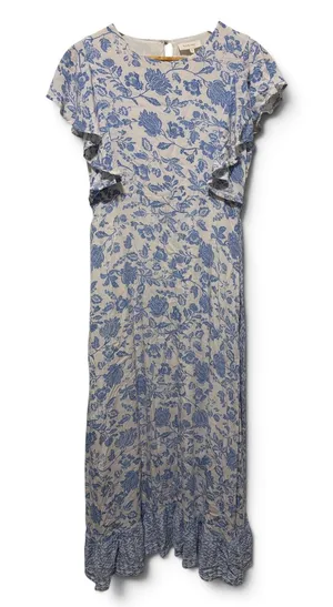 Bohme Blue‎ Floral Toile Ruffle Midi Dress Tie Waist Small thumbnail 1