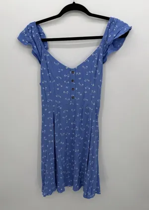 Billabong Blue Floral Smocked Back Ruffle Sleeve Mini Dress Size Medium thumbnail 1