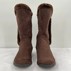 Bass FlexStep Loretta Chocolate Brown Faux Suede Fur Trim Tall Zip Boots Size 7 thumbnail 3