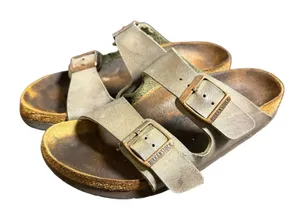 Birkenstock Arizona Two Strap Buckle Sandals Taupe Metallic Slides Womens 35 thumbnail 1