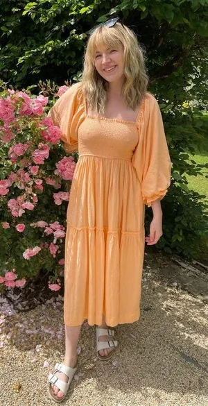 LOUNA Orange Square Neckline Puff Sleeves Chic Flowy Midi Dress size Medium thumbnail 1
