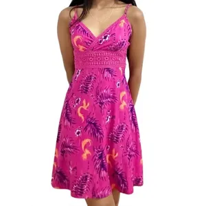 Y2K Mudd V-Neck Crochet Mini Dress Size Medium Hot Pink Purple Tropical thumbnail 6
