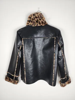 Black Faux Leather Moto Jacket with Leopard Faux Fur Accent thumbnail 6