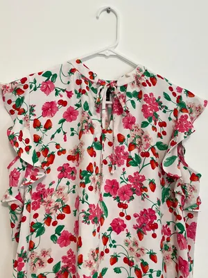 ANN TAYLOR Floral Mixed Media Ruffle Sleeve Tie Neck Shell Top White Strawberry thumbnail 5