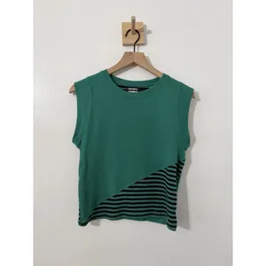 Maeve Green/Black Striped Ribbed Knit Crew Neck Sleeveless Muscle Tank Top Sz M thumbnail 2