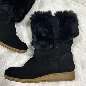Lands End Black Suede Faux‎ Fur Trim Winter Wedge Boots 420483 US 7B thumbnail 2