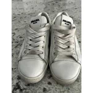 Prada white leather womens sneakers shoes 35 USED thumbnail 2