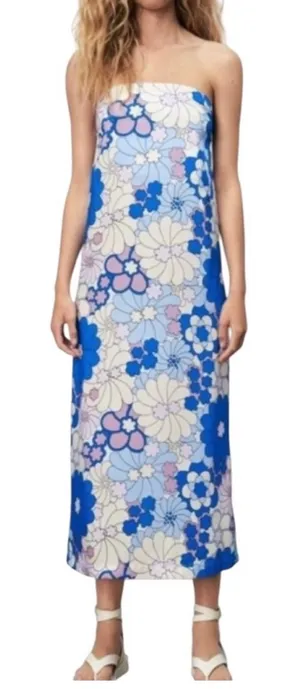 Zara Strapless Floral Dress - Blue and White thumbnail 1