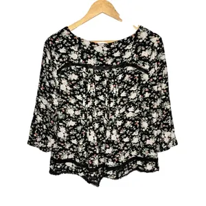 Maeve‎ Anthropologie Floral Lace Trim Blouse Womens 10 Black Boho Pleated Rayon thumbnail 10