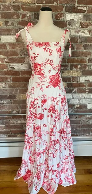 Red White Floral Toile Maxi Dress Tie Shoulder Low Back Tiered Hem Women Size L thumbnail 1