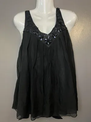 Rebecca Taylor Shirt Womens 6 Black Silk Beaded Embellished Flowy Tank Top thumbnail 1