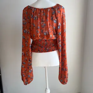 Free People Orange and Blue Floral Cinched V-Neck Longsleeve Blouse Size M thumbnail 4