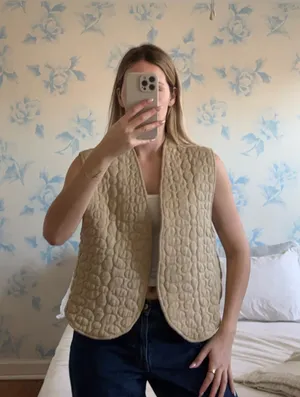 Free People Quilted Vest Green Tan thumbnail 1