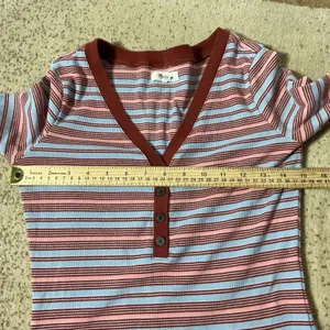 Madewell Striped Ribbed Henley Top Women S Blue Pink Long Sleeve V-Neck MB172 thumbnail 3