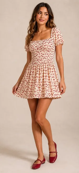 Reformation Coquette Cherry Print Smocked Mini Dress Red‎ Short Sleeve Size 10 thumbnail 1